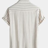 Camicia da uomo in lino beige a righe a maniche corte