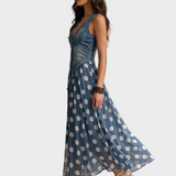 Silvana - Abito in denim con gonna in chiffon a pois