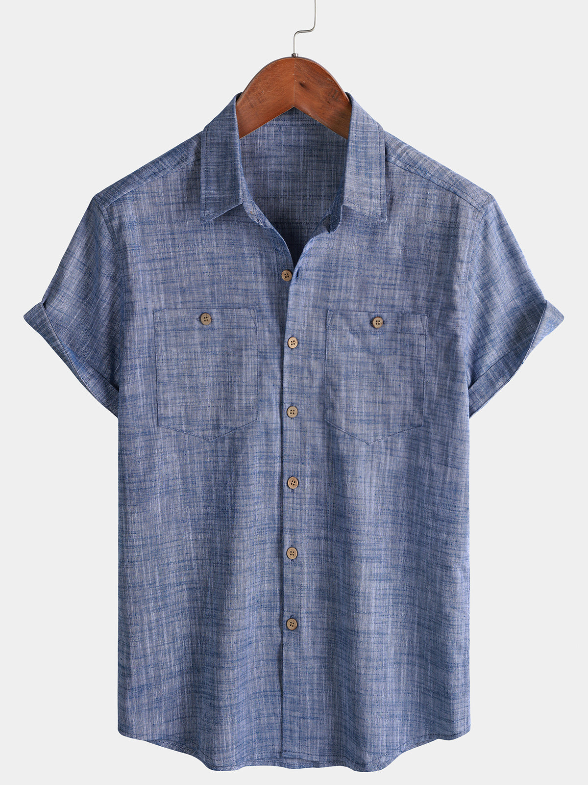Camicia casual da uomo traspirante in cotone a maniche corte con due tasche