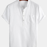 Camicia da uomo in tinta unita a maniche corte con collo alla coreana e taschino