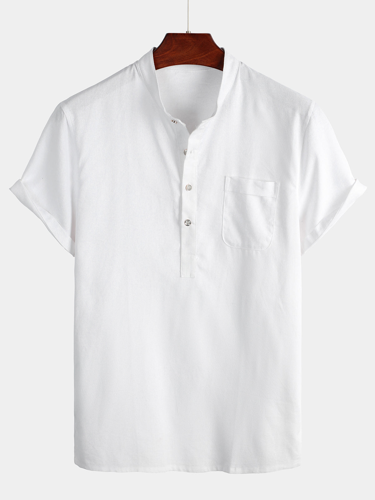Camicia da uomo in tinta unita a maniche corte con collo alla coreana e taschino