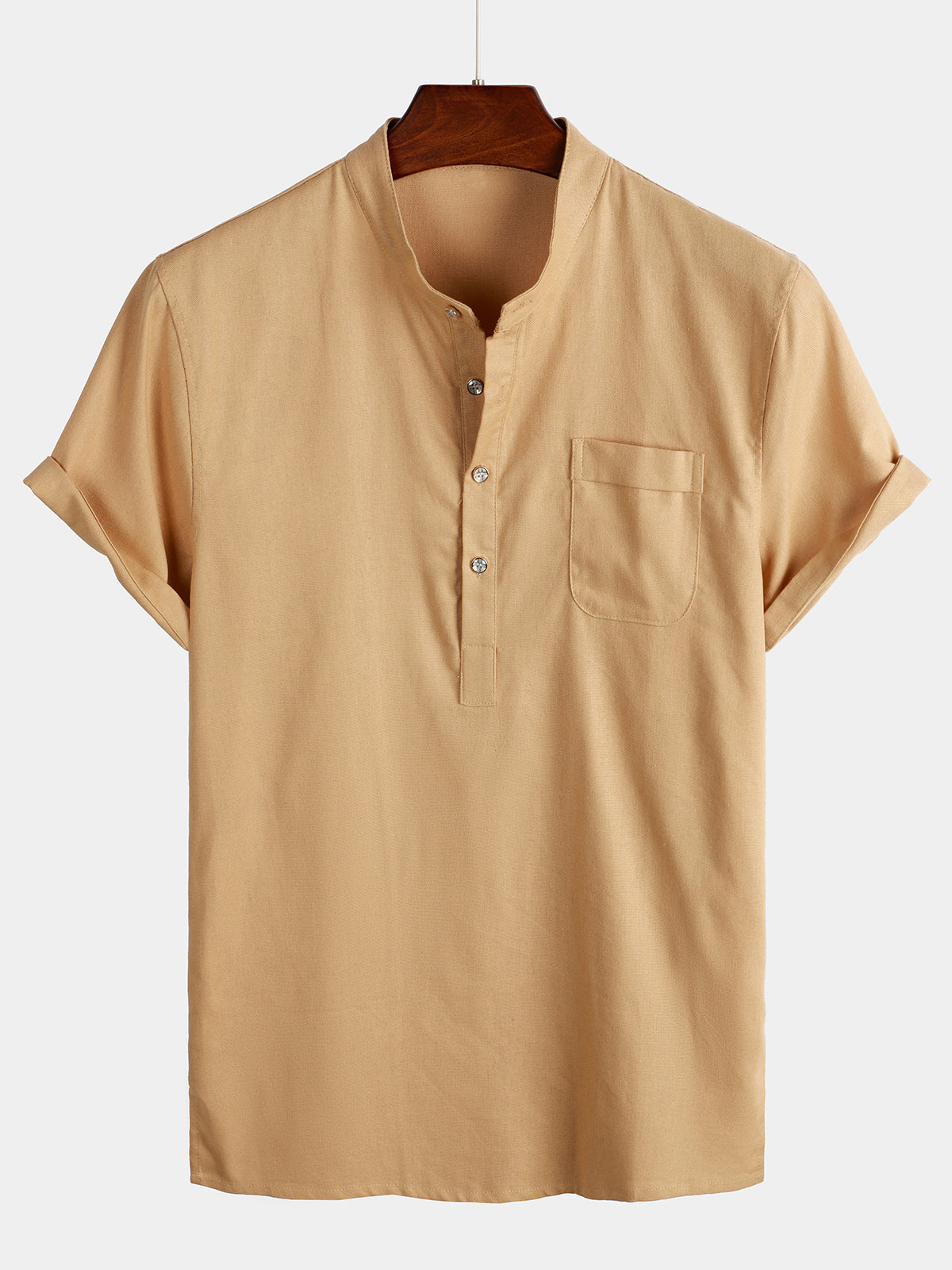 Camicia da uomo in tinta unita a maniche corte con collo alla coreana e taschino