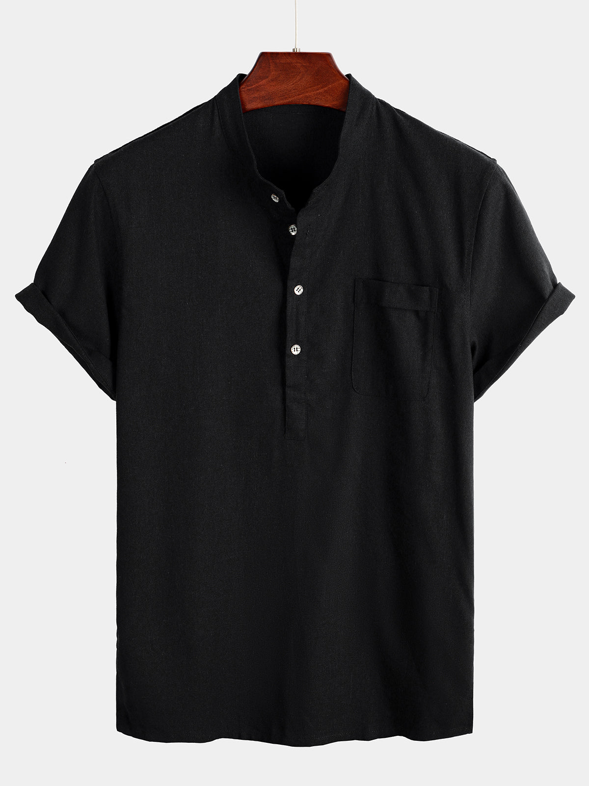 Camicia da uomo in tinta unita a maniche corte con collo alla coreana e taschino