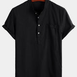 Camicia da uomo a maniche corte con collo alla coreana e tasca frontale