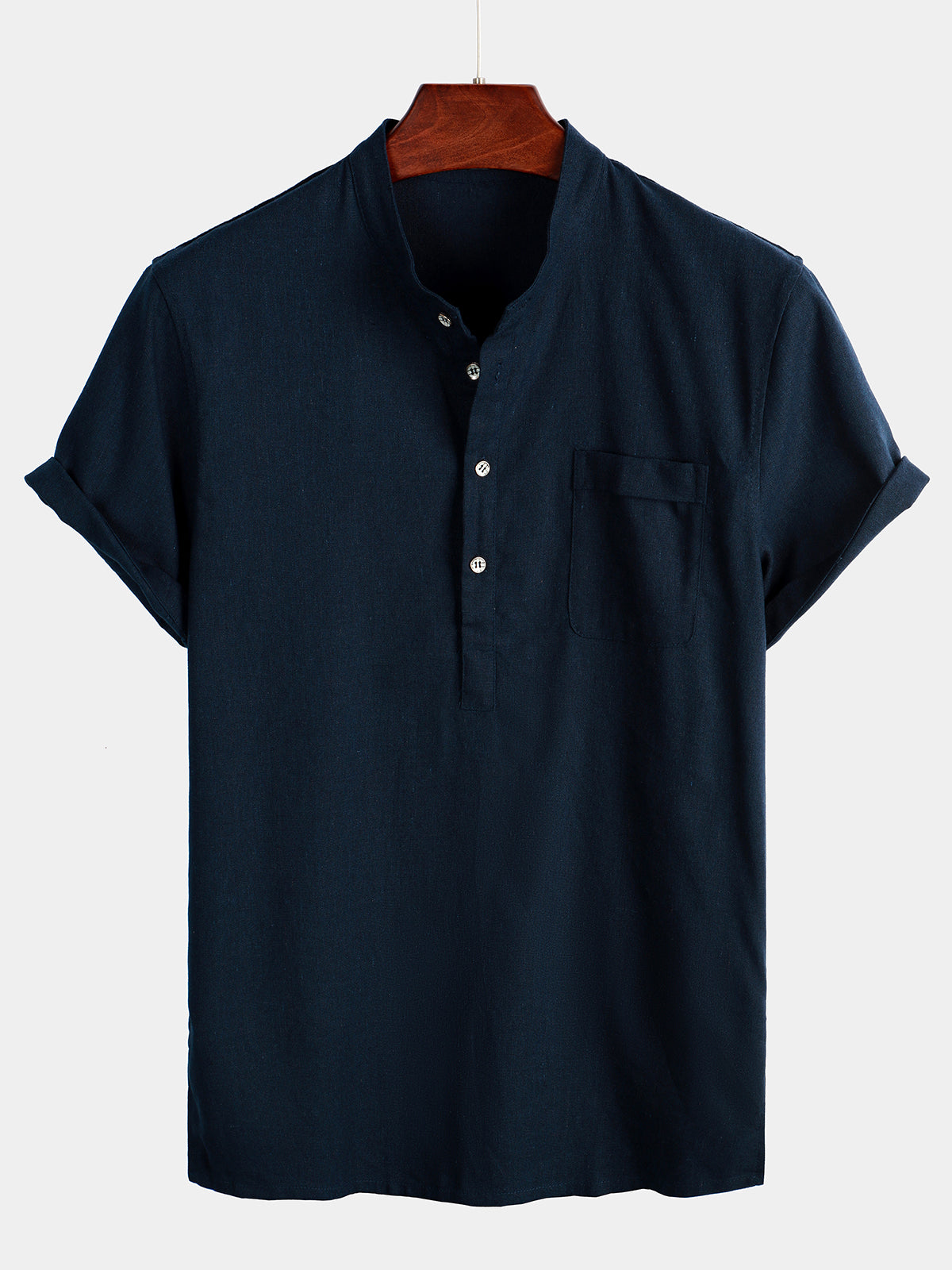 Camicia da uomo a maniche corte con collo alla coreana e tasca frontale
