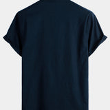 Camicia da uomo in tinta unita a maniche corte con collo alla coreana e taschino