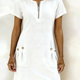 Vestito in lino da donna con taglio ad A e chiusura con zip
