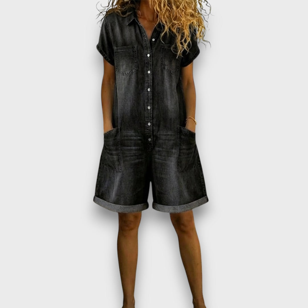 Clara - Tuta corta vintage in cotone effetto denim